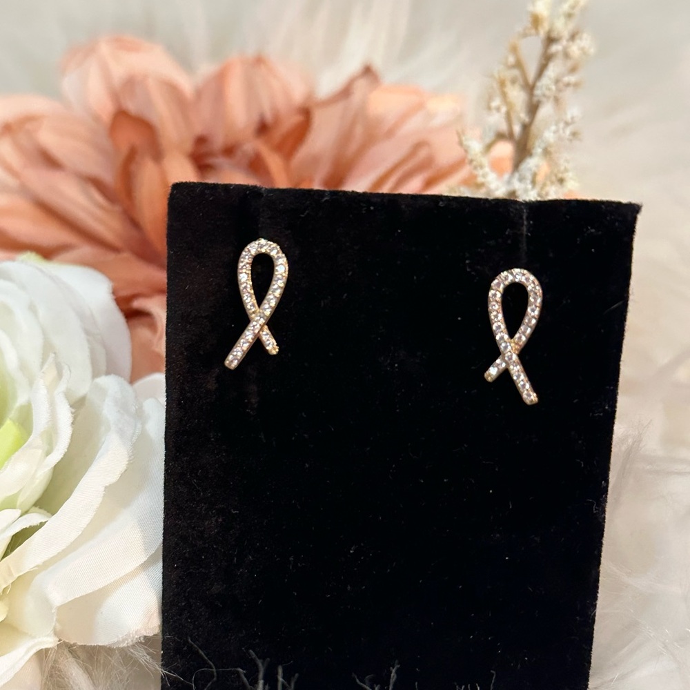 Gold Ribbon Breast Cancer Gemstone Stud Earrings NEW!
